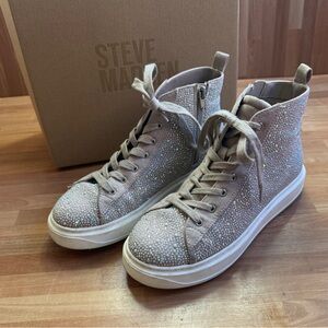 Steve Madden JCARLYY rhinestone studded high top TAUPE sneakers size 5 girls